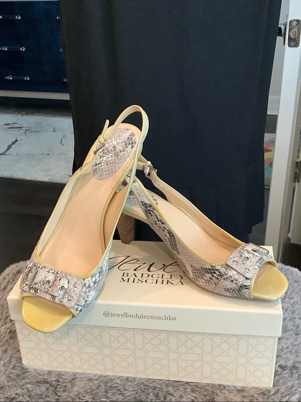 Badgley Mischka Yellow & Snakeskin Peep-Toe Slingback Heels